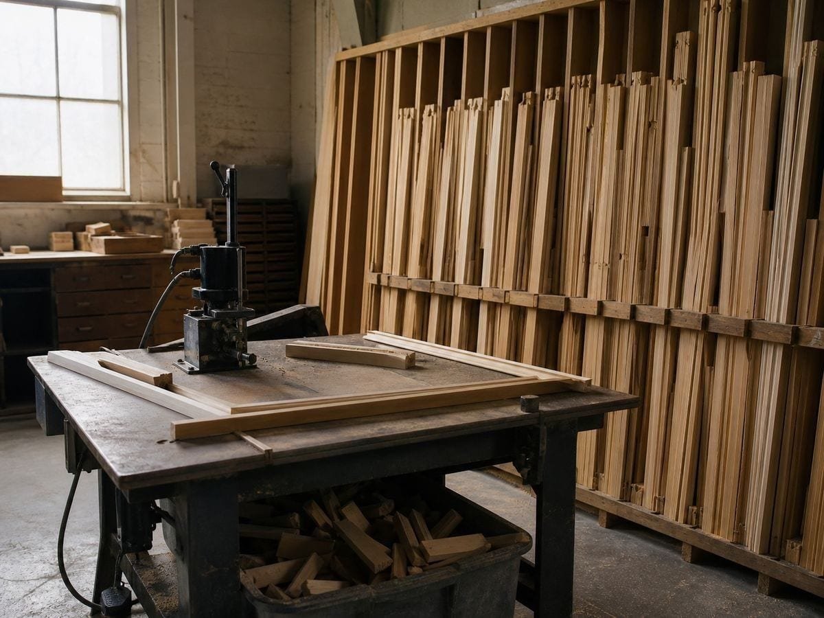 A framer's workshop with lengths of unfinished moulding racked upright and cut pieces on a bench