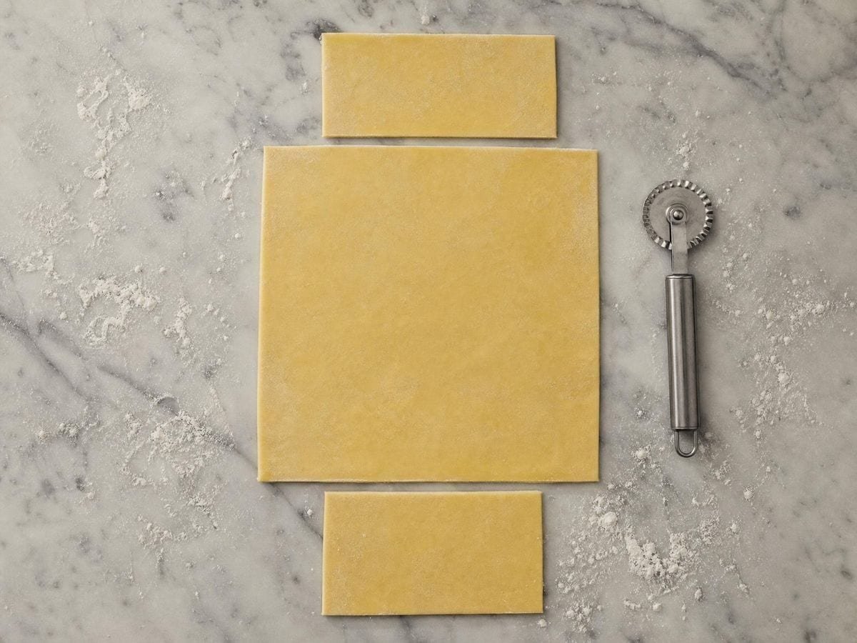 A long sheet of rolled pastry with a square cut from each end and lifted slightly