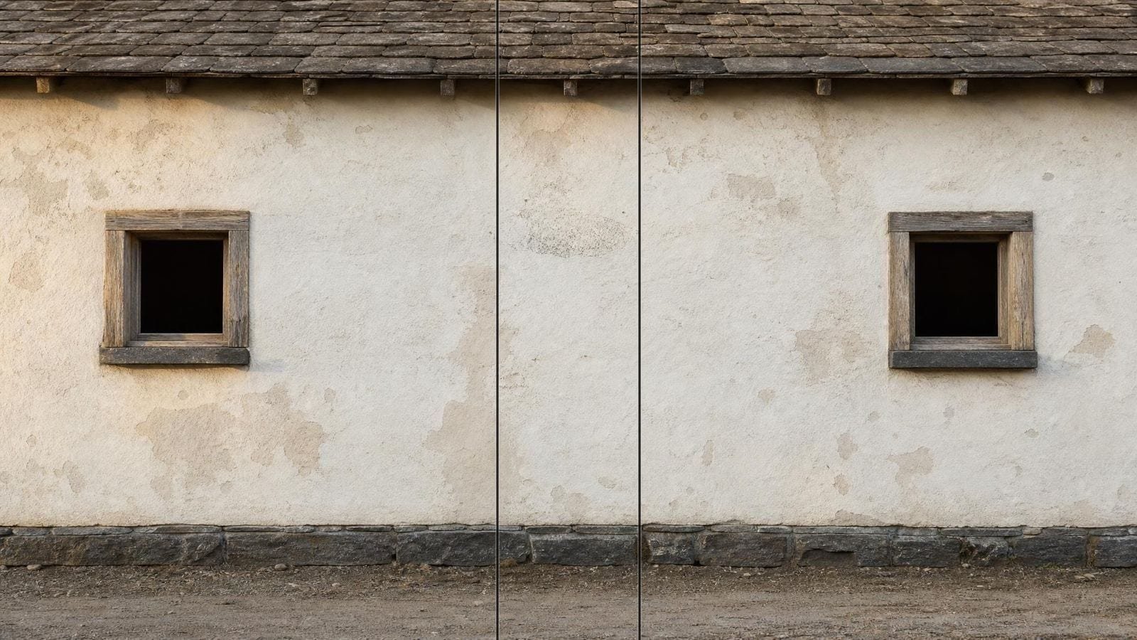 Rabatment overlay on a long rendered wall with a square window near either end