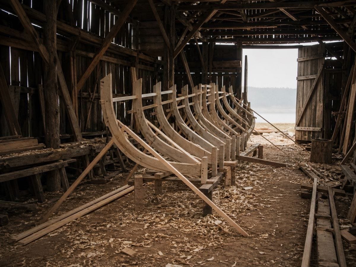 The bare frames of a small hull set up on a jig and braced with straight battens