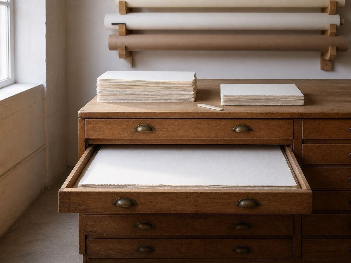 A print room plan chest with one drawer open on a stack of blank deckle-edged paper