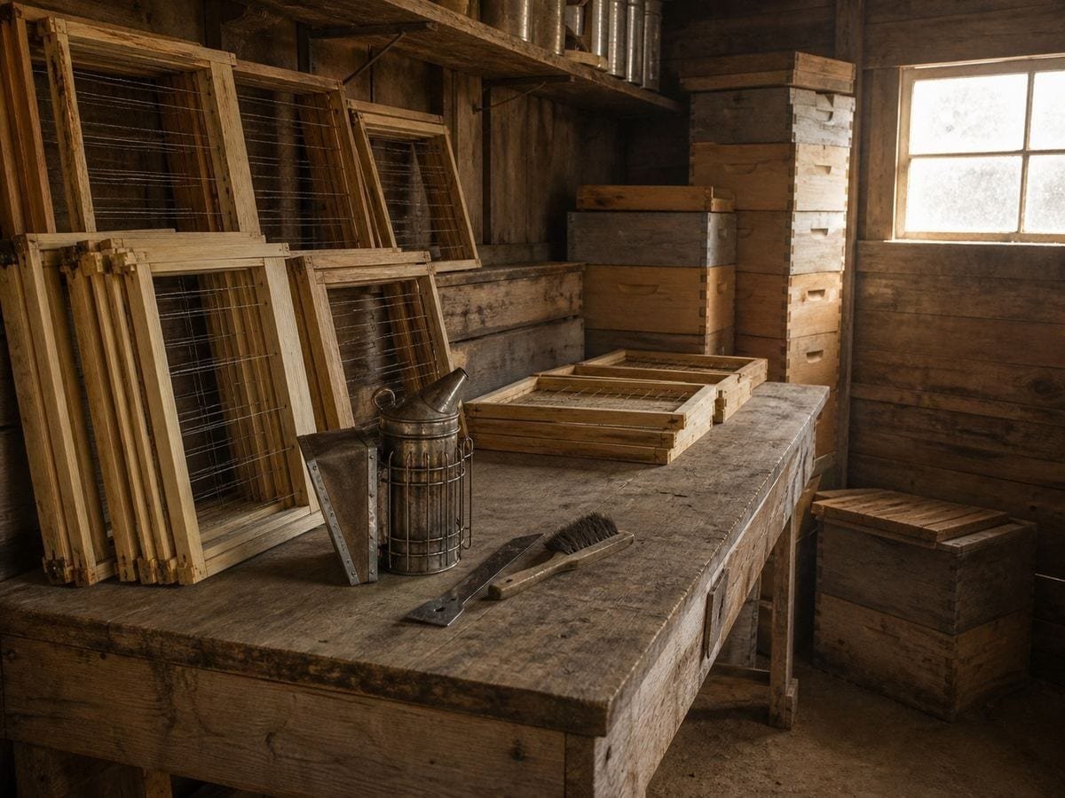A beekeeper's shed with empty timber hive frames stacked against the wall and on a bench