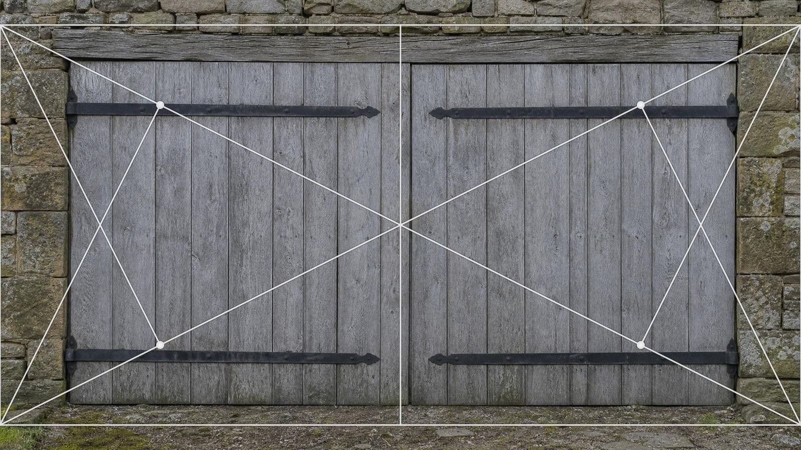 Root 4 armature overlay on paired barn doors forming a double square with a centre joint