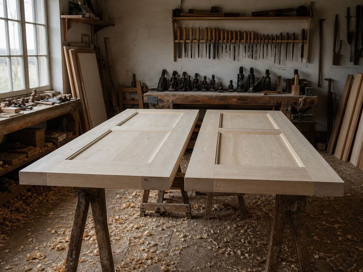 A joiner's shop with two unfinished timber doors lying side by side across trestles