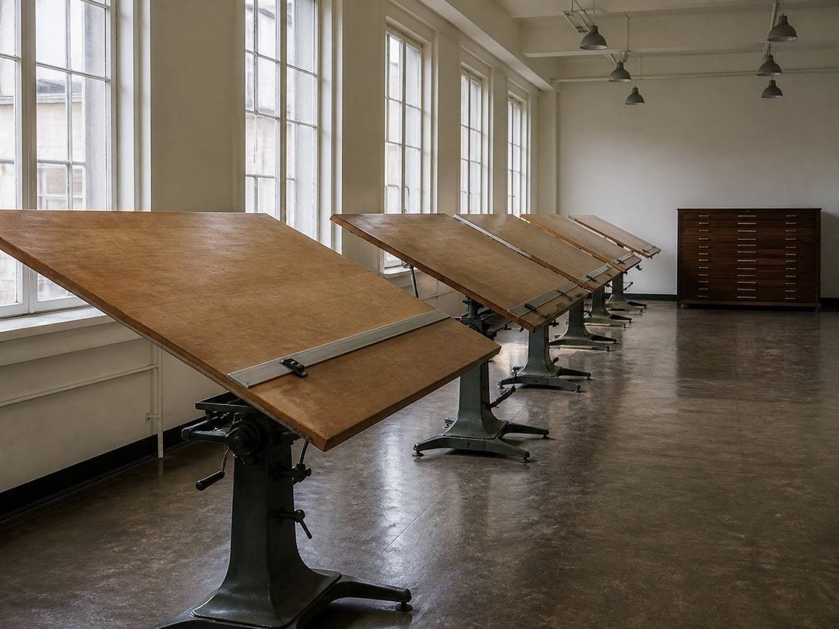 A drawing office of large empty drafting boards in a row under tall windows