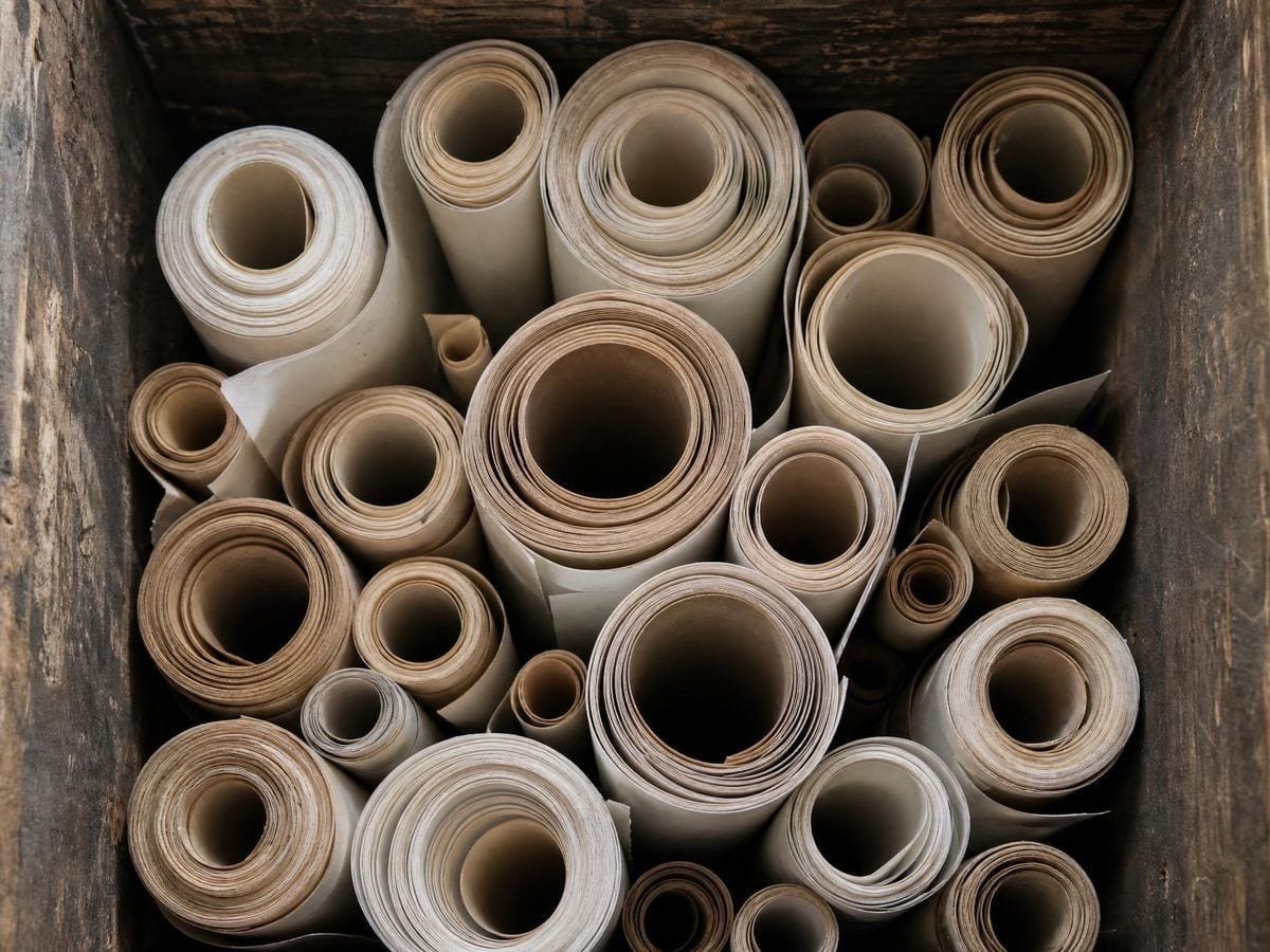 Rolled paper drawings standing on end in a timber bin, their open ends toward camera