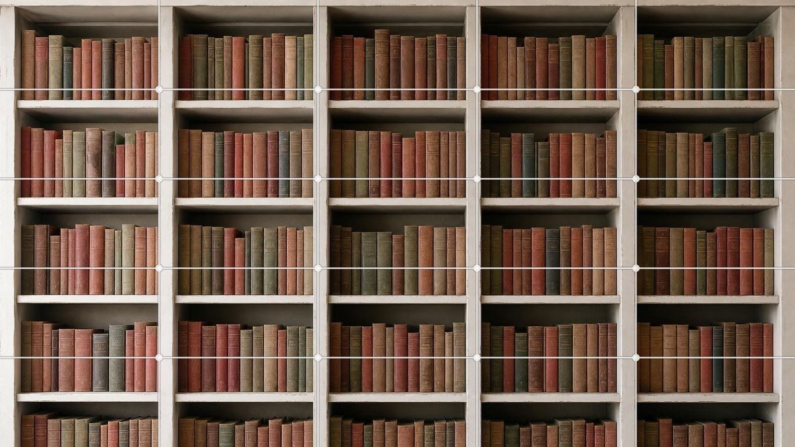 Rule of fifths overlay on a five-bay bookcase, uprights dividing the frame evenly