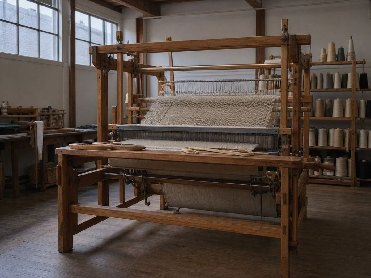 A timber floor loom warped with fine unbleached thread running through the heddles
