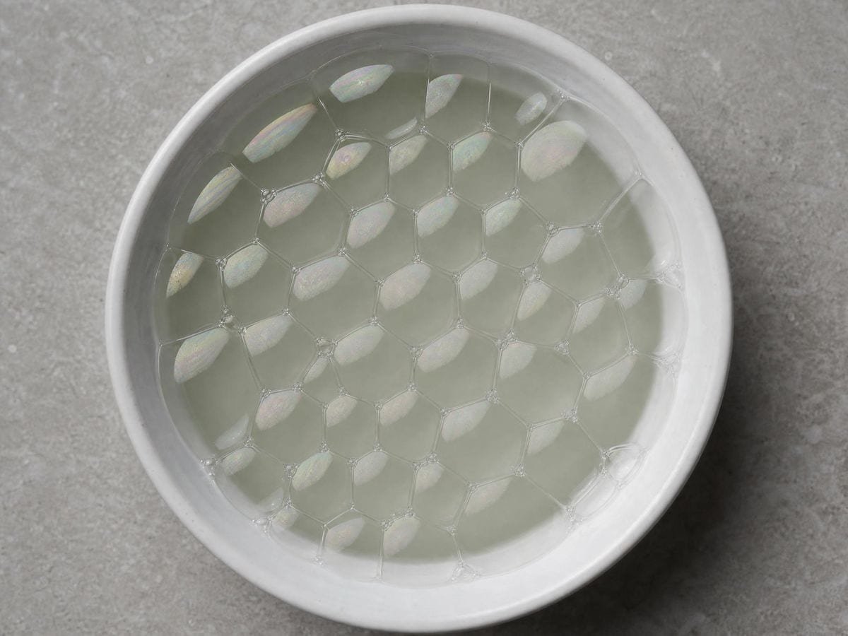 A raft of equal soap bubbles packing together with flat shared walls in a dish