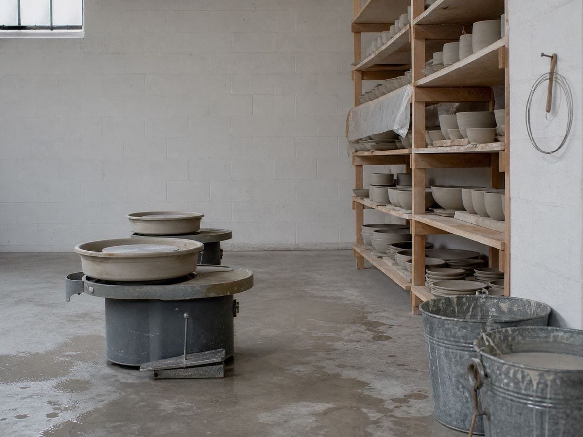 A swept pottery throwing room with two idle kick wheels and shelves of drying ware