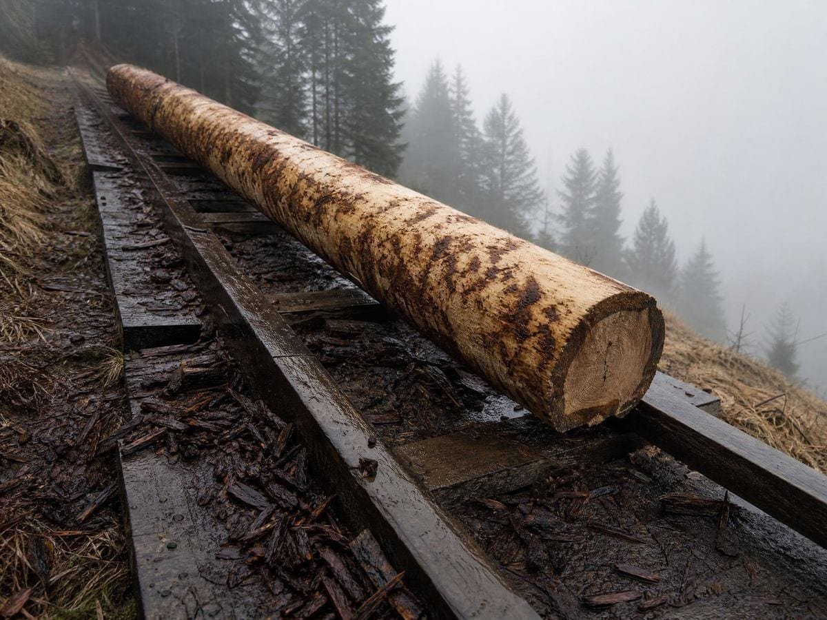 A stripped conifer trunk lying on a timber slipway running down to the right