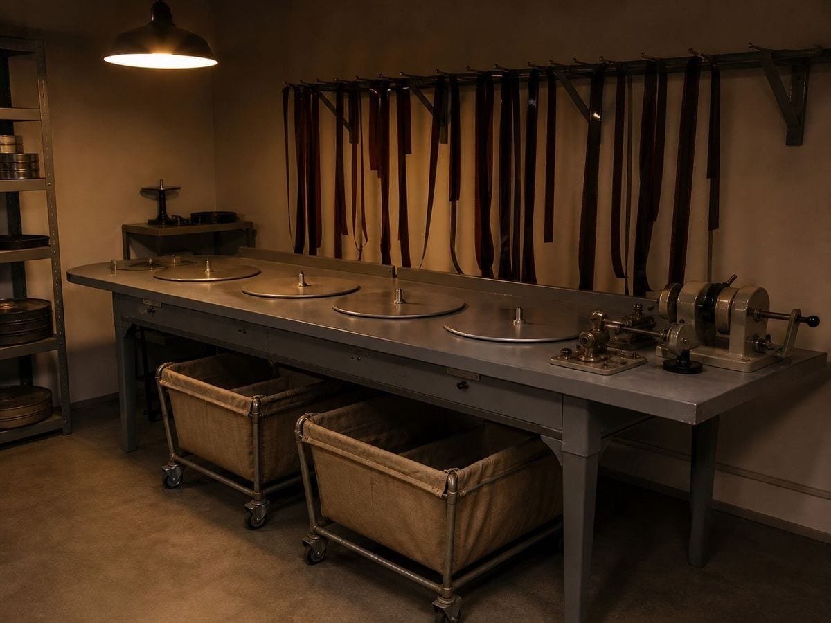 A film cutting room with an empty flatbed bench, trim bins beneath and film on the rack