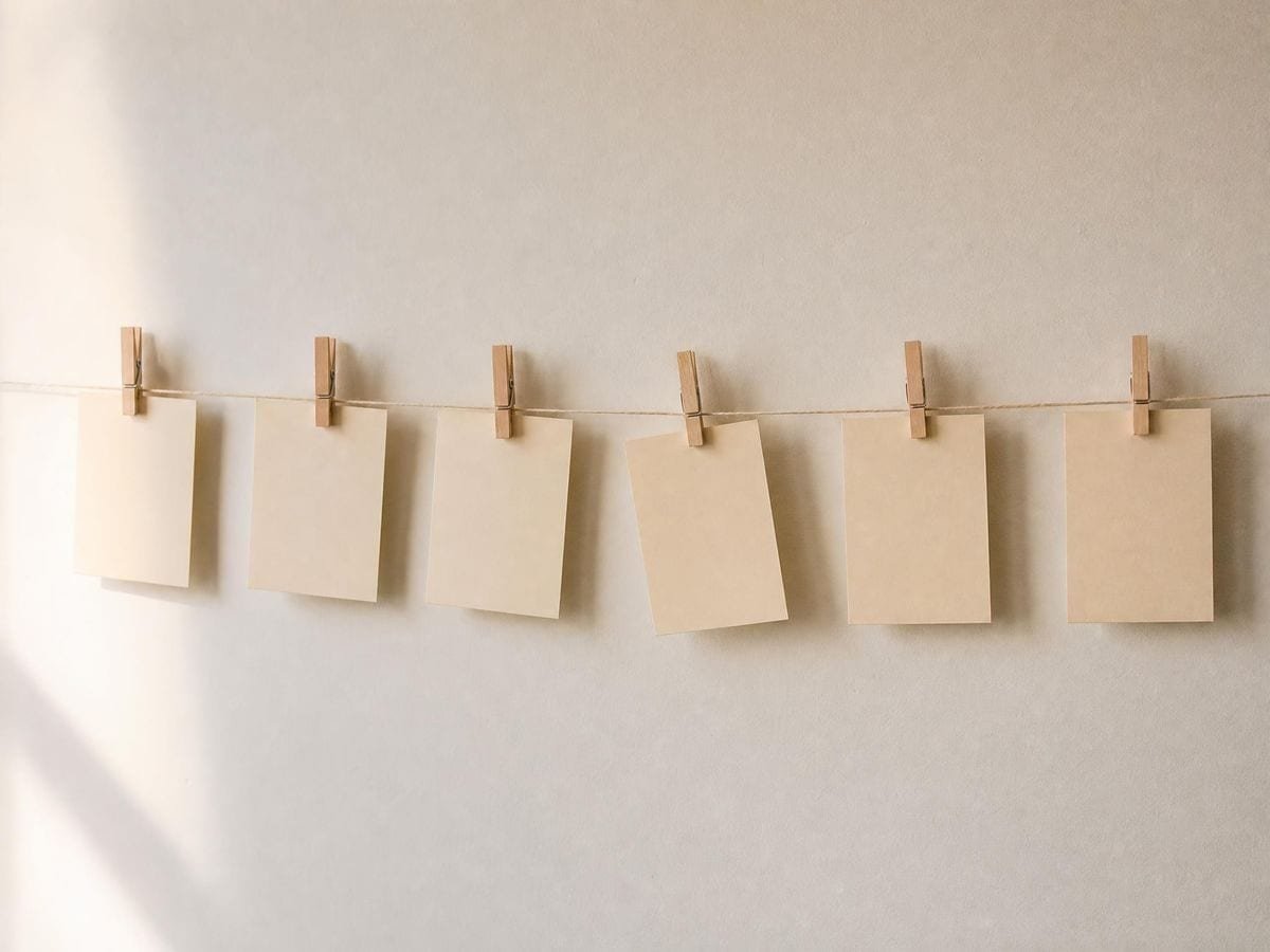 Blank buff index cards pegged evenly along a taut string line against a wall