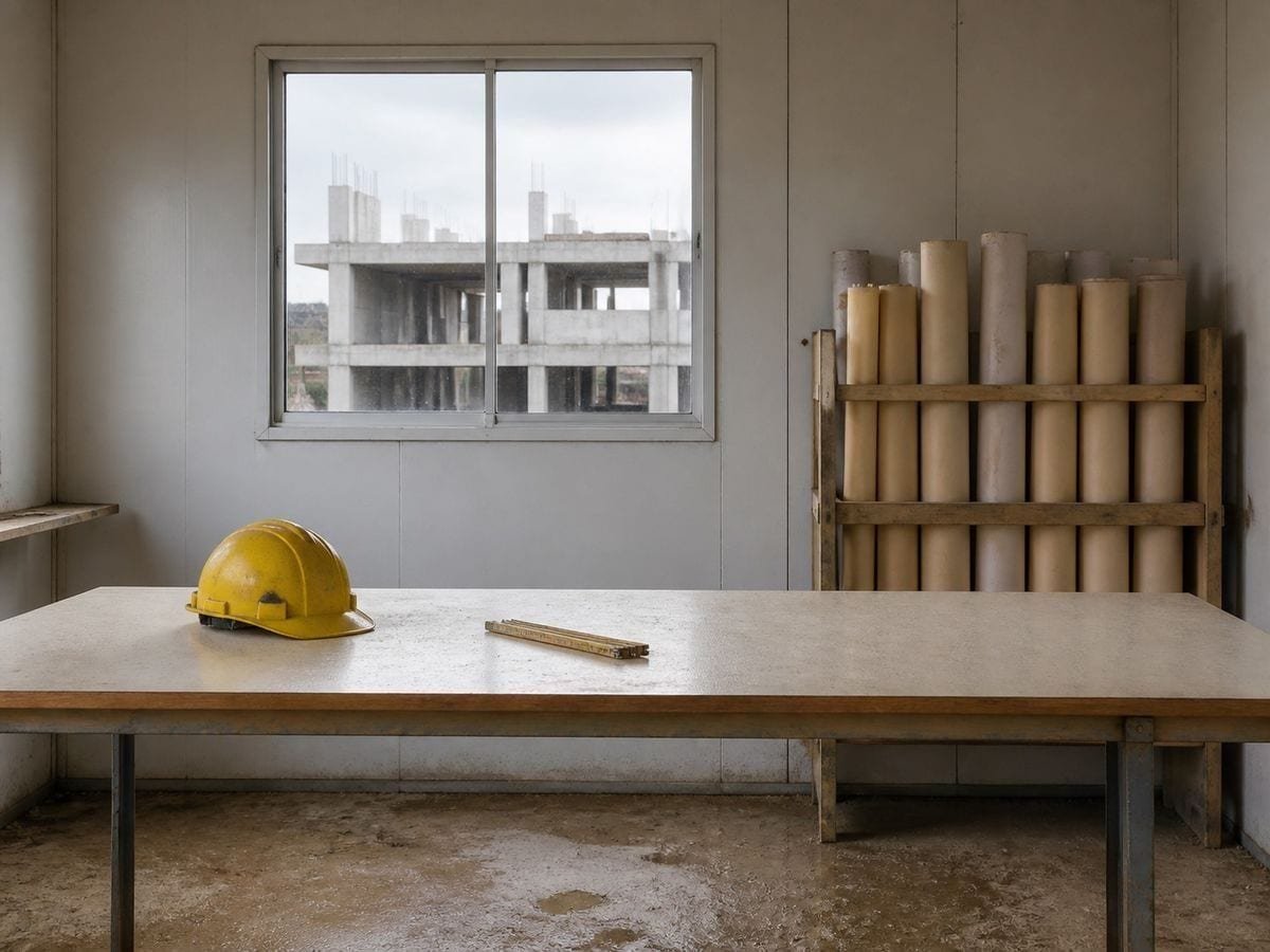 A site cabin with rolled drawings racked on end and a bare concrete frame through the window