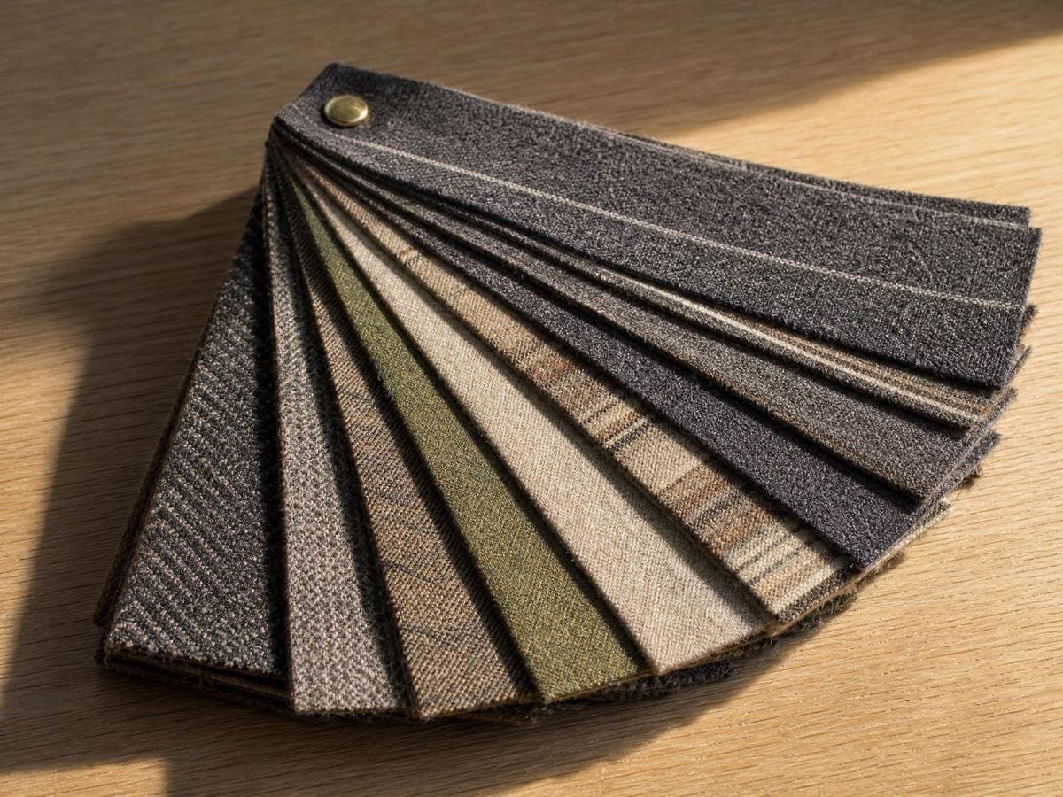 A fanned mill swatch book showing several woollen setts with different band rhythms