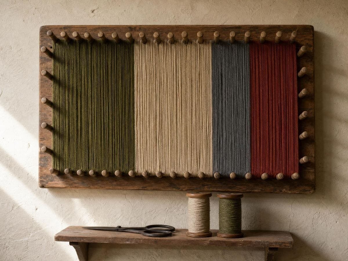 A wall-mounted warping board strung with four colours of worsted in unequal bands