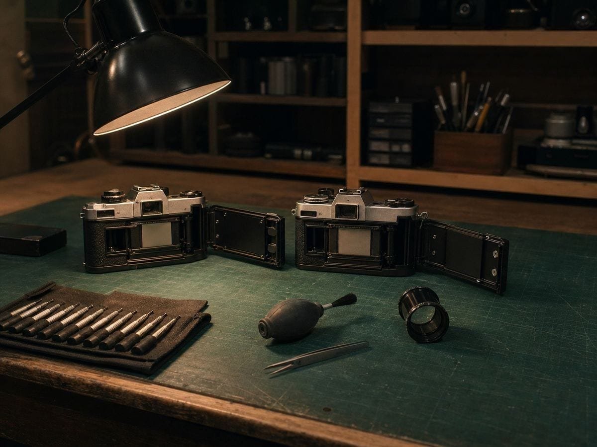 A camera repair bench with two film bodies open on a mat beside a screwdriver set