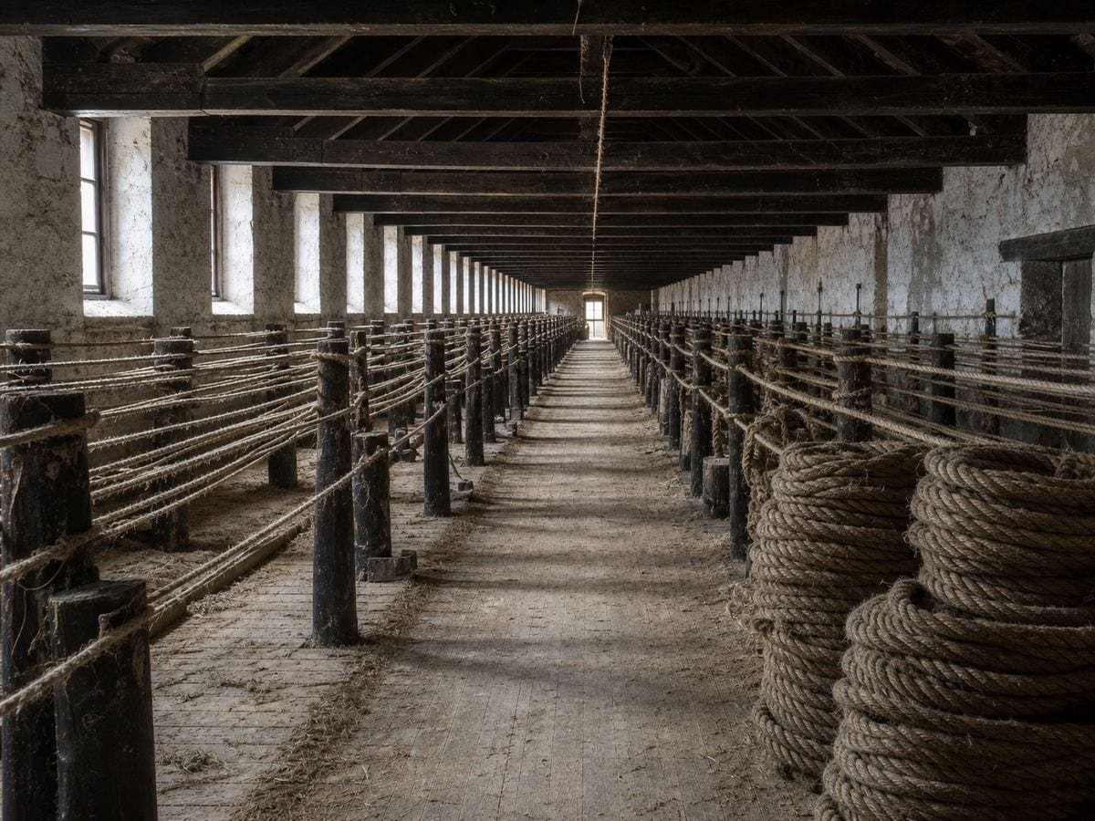A long timber rope walk with laid cordage running away between low posts