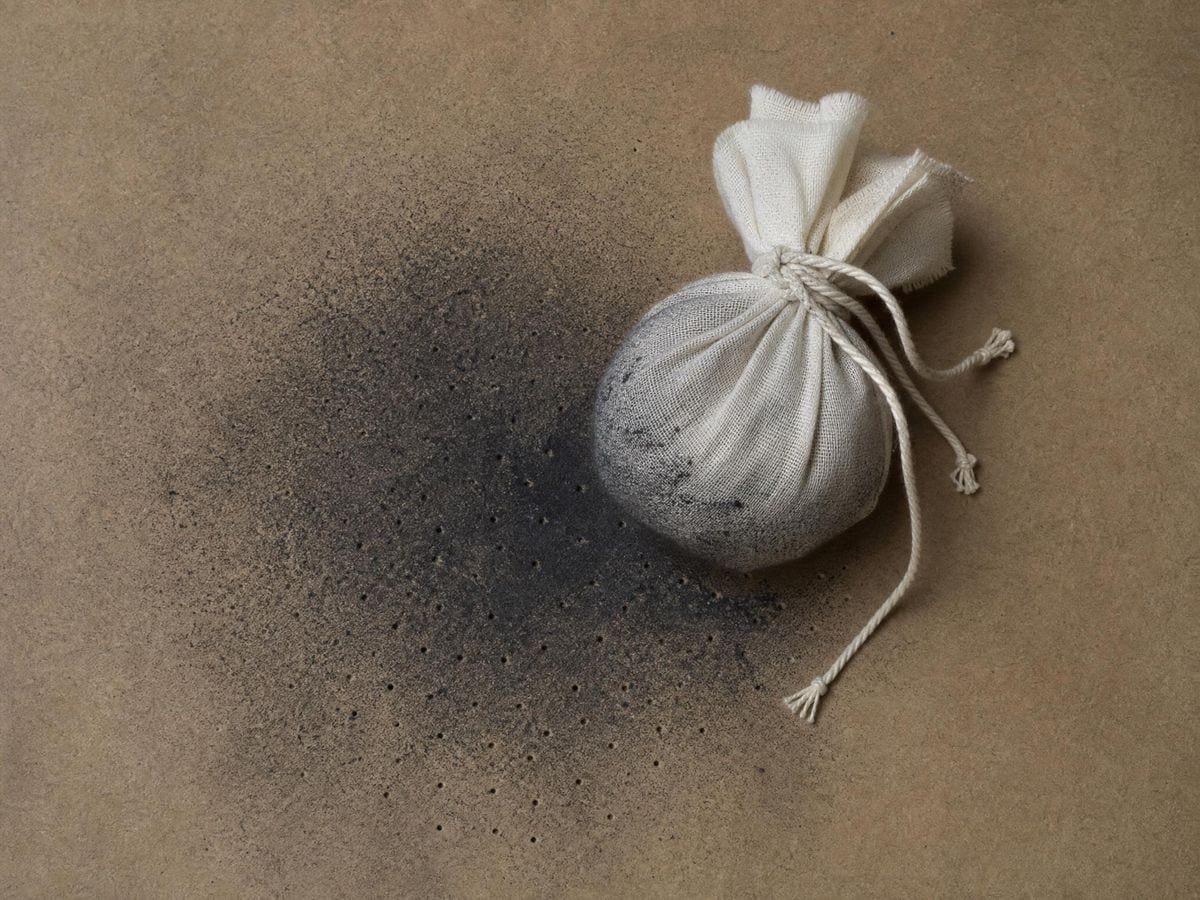 A muslin pounce bag on brown paper with charcoal dust scattered around pricked holes
