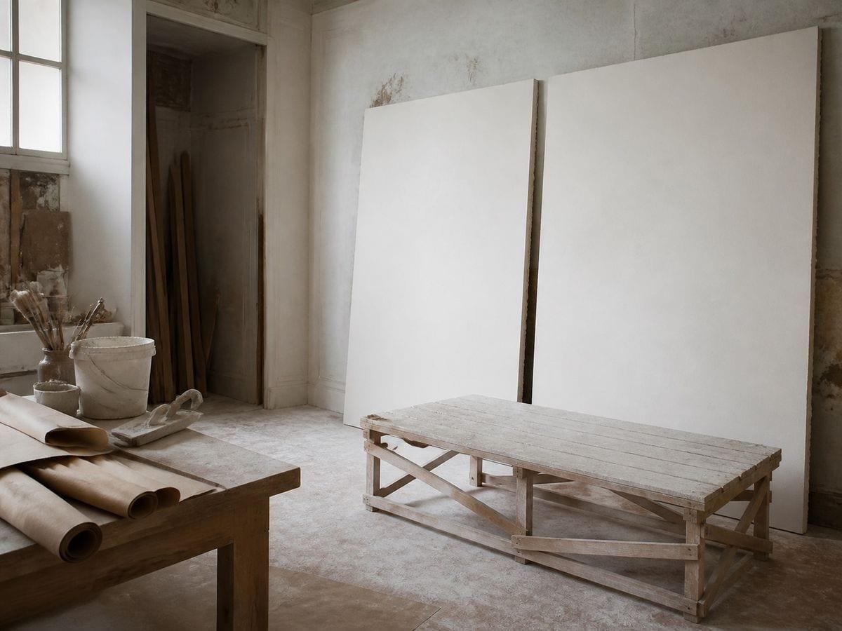 A fresco workshop with fresh lime plaster boards leaning by a low timber scaffold platform