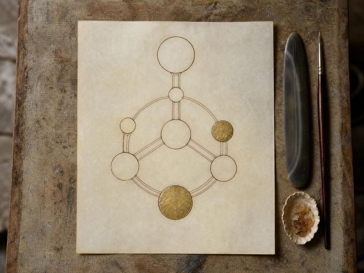 A part-finished vellum diagram of joined circles, two laid with gold, and a burnisher