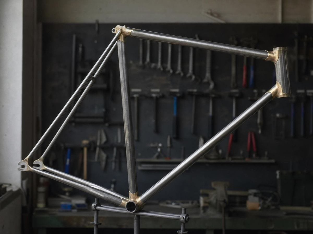 A bare brazed steel bicycle frame with its tubes meeting in two clear triangles