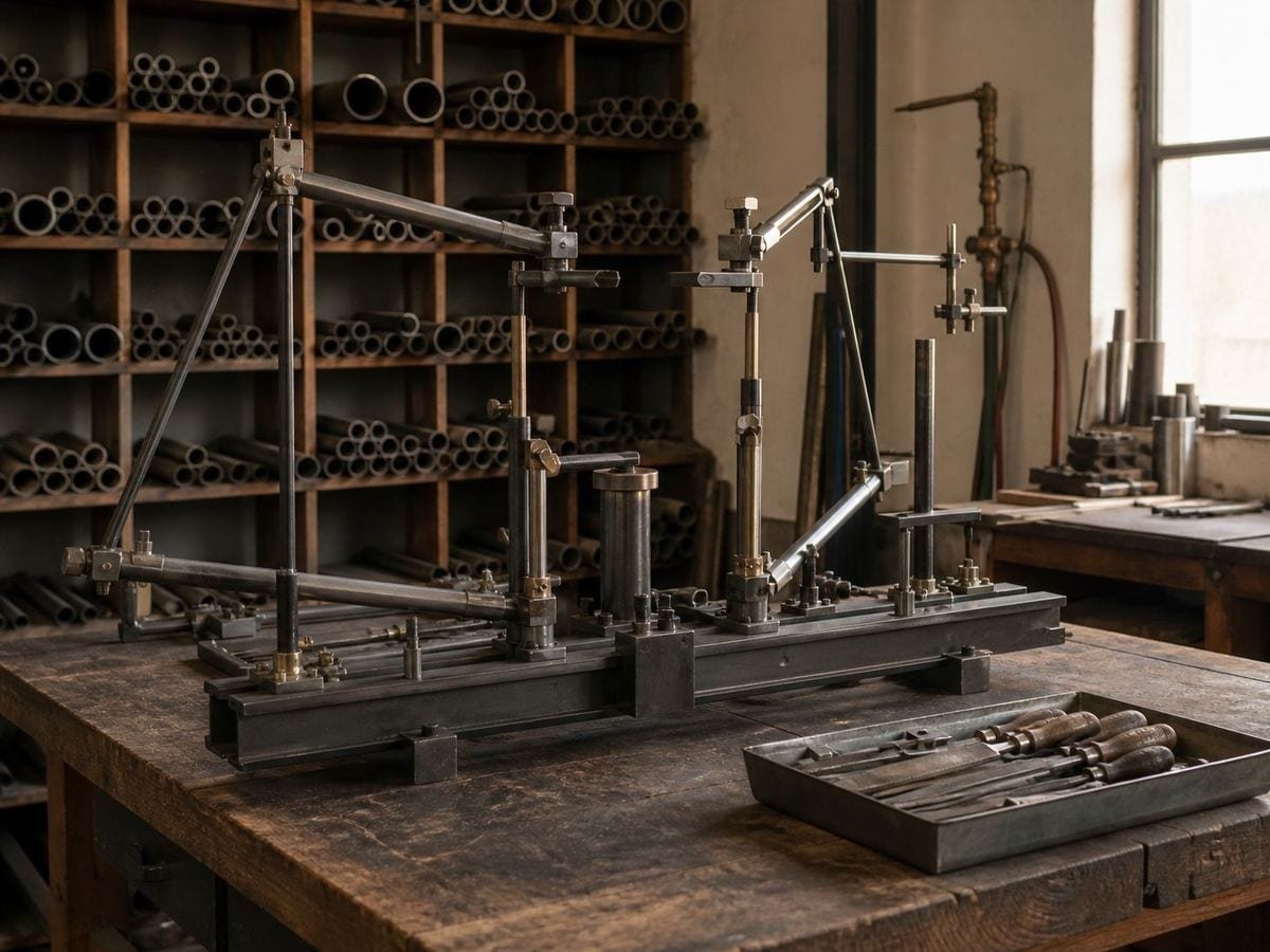 A frame builder's workshop with an empty steel brazing jig and racks of graded tubing