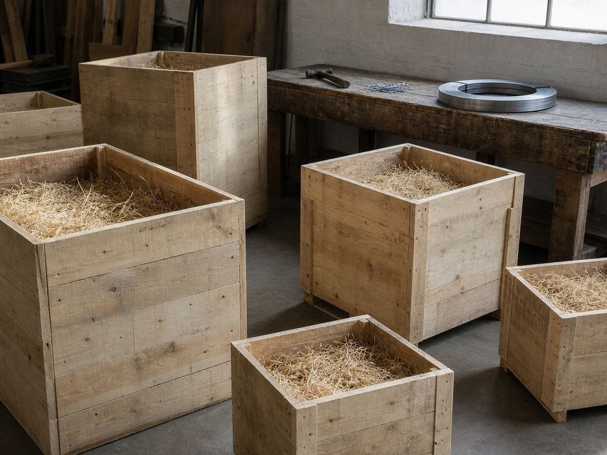 A packing room with timber crates of different sizes set at varied angles, lids off