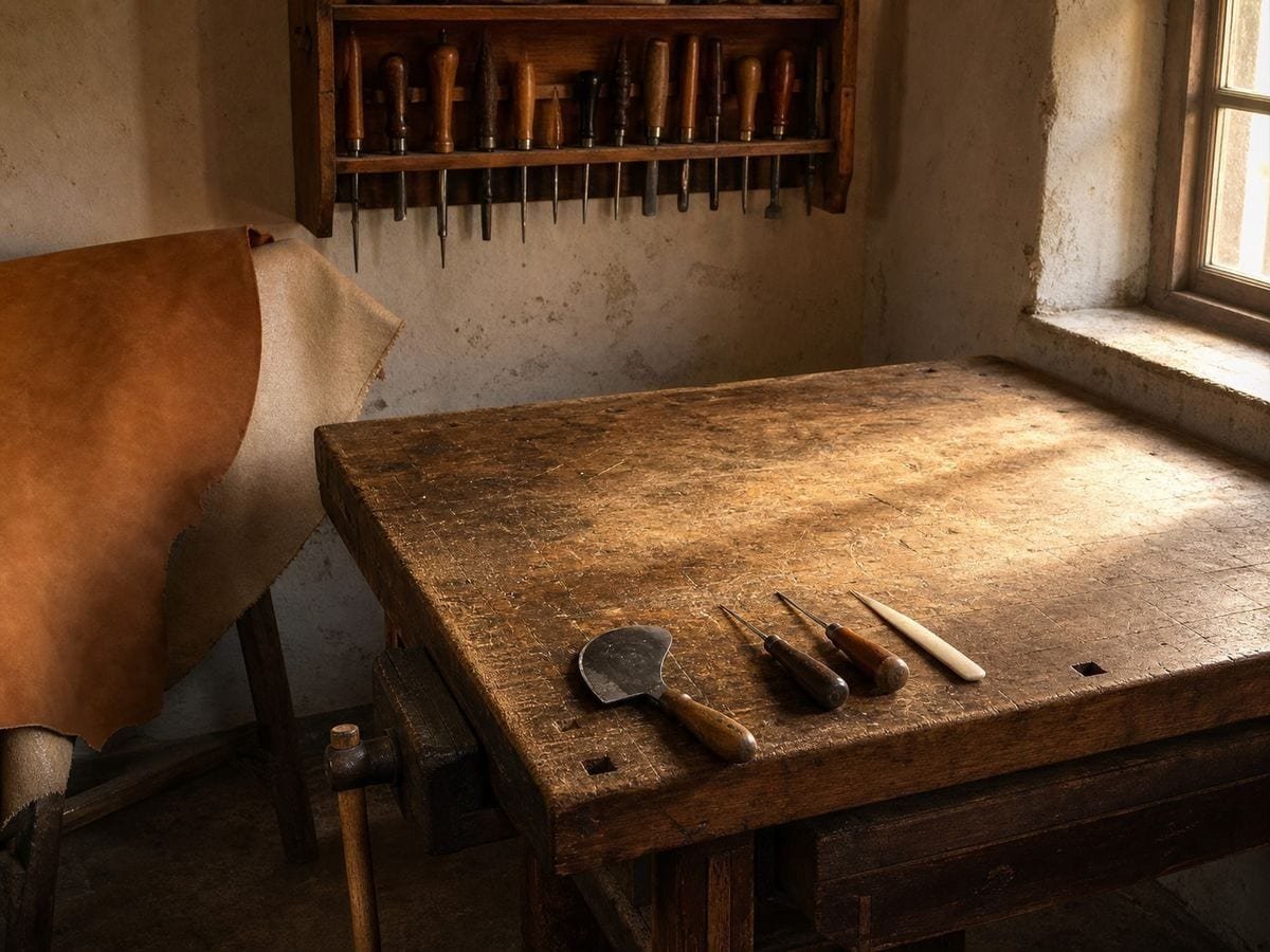 A leather worker's bench with a wall rack of knives and awls and a hide over a trestle
