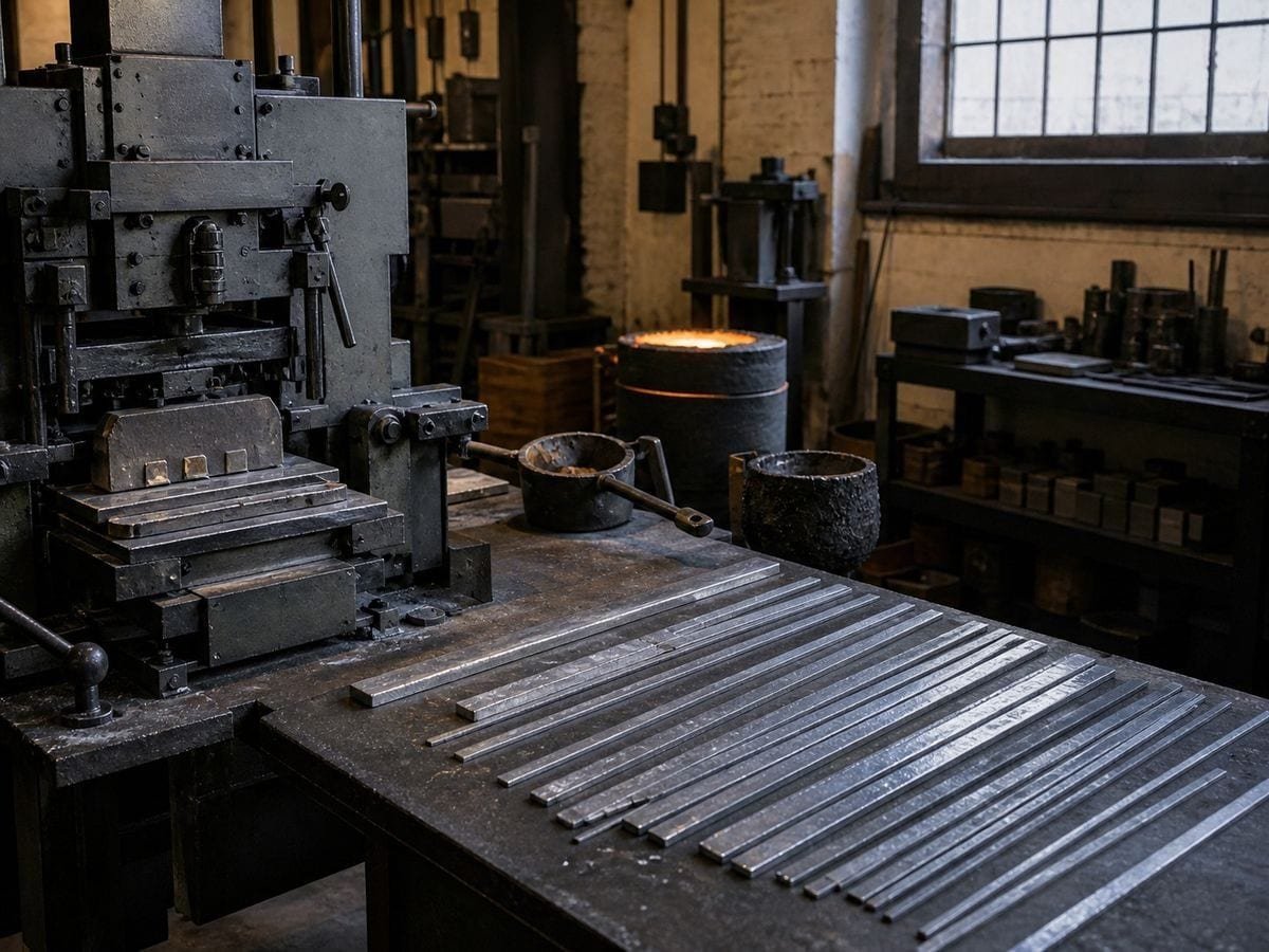 A type foundry casting room with freshly cast lead spacing laid in rows to cool
