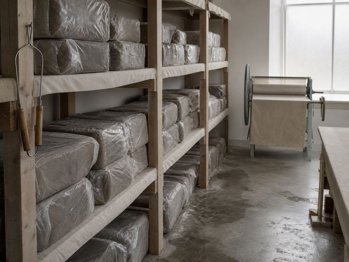 A clay preparation room of canvas shelves holding wrapped blocks of grey stoneware