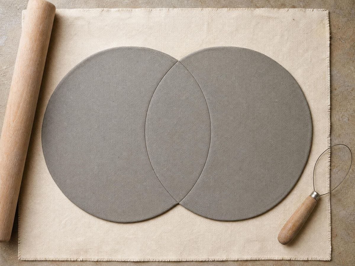 Two equal rolled clay discs overlapping so the shared region forms a pointed almond