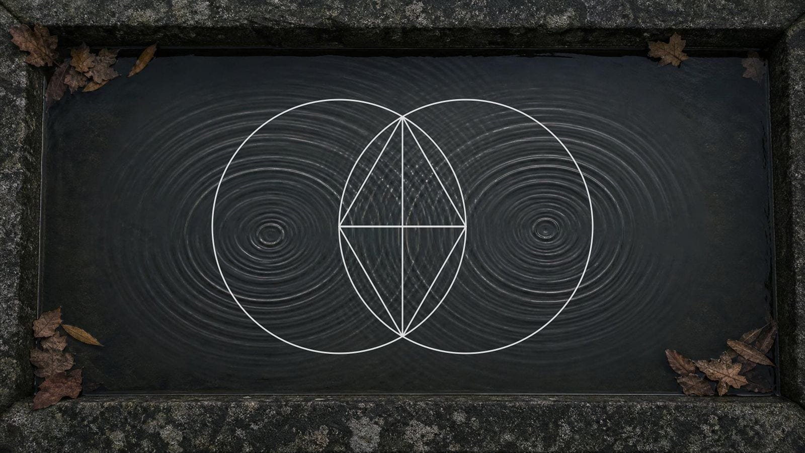 Vesica Piscis overlay on two ripple rings crossing on dark water to form an almond