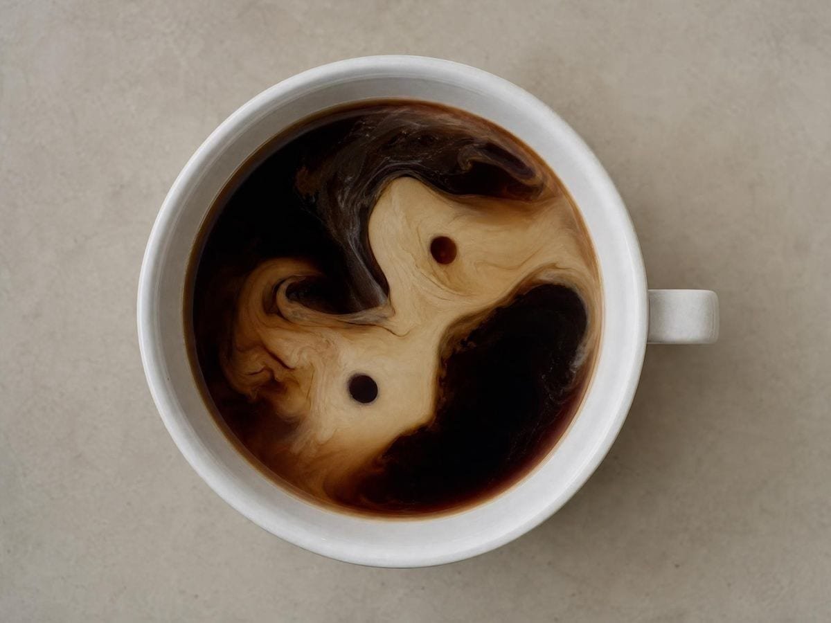 Cream folding through black coffee so the pale and dark shapes interlock in a cup