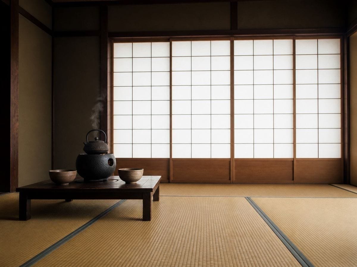 A spare tatami tea room with two unglazed bowls and an iron kettle on a low table