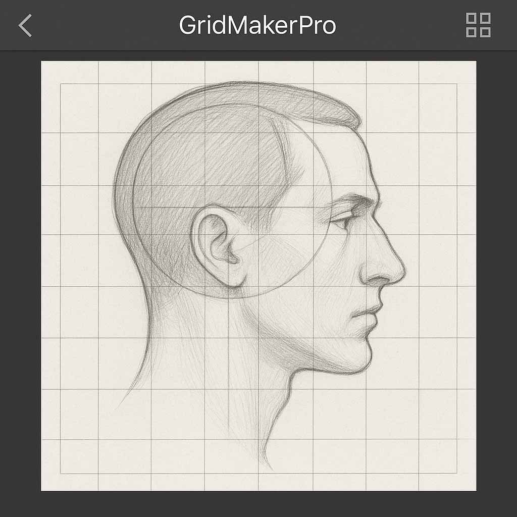 Profile photo with GridMakerPro grid and Loomis construction guides for eye, ear, nose, and chin.