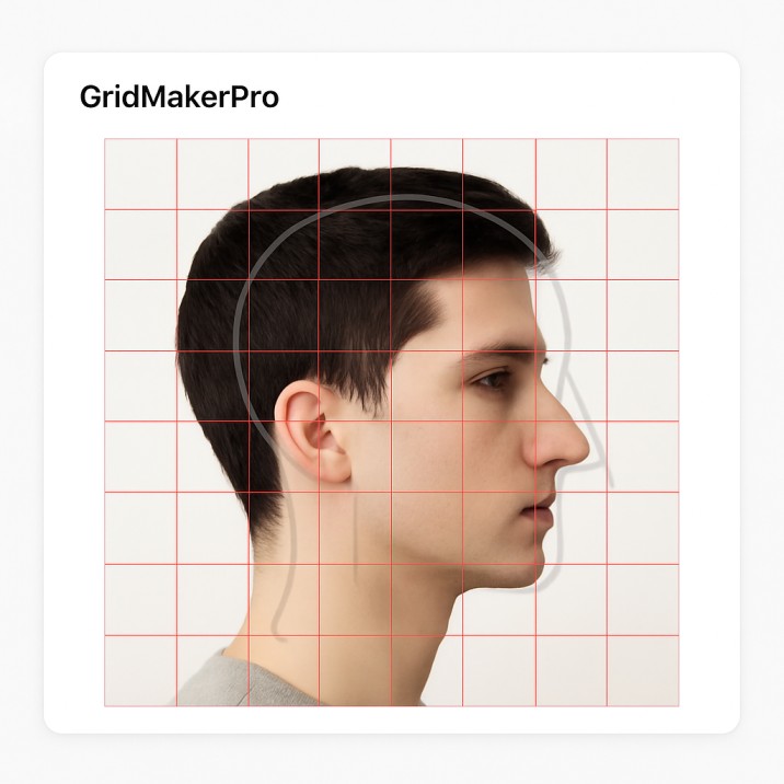 Frontal portrait in GridMakerPro with a 7×5 grid marking Loomis divisions and symmetry lines.