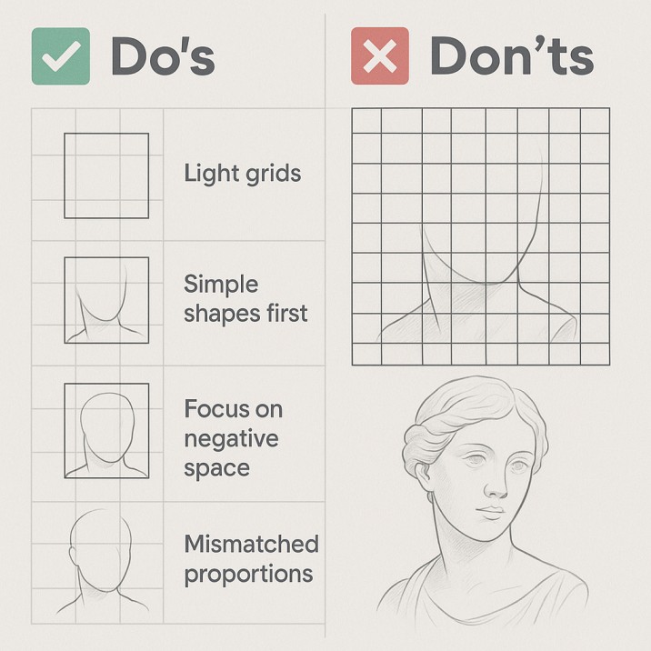 Infographic showing correct vs incorrect approaches to grid drawing
