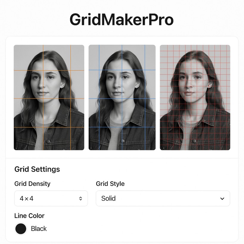 Different grid densities (4×4, 6×6, 10×10) and line styles displayed on a portrait photo in GridMakerPro.