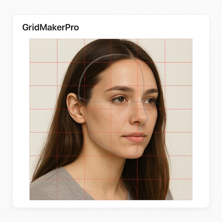 Three-quarter head with a custom grid showing a curved centerline and foreshortened guides.