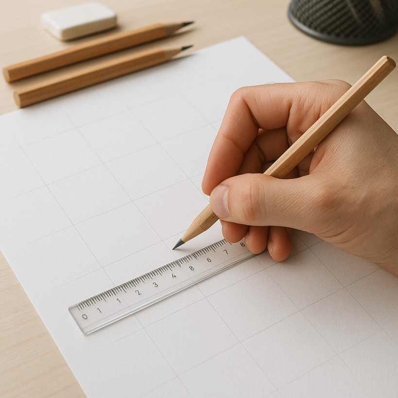 Artist draws a light pencil grid on drawing paper using a ruler, matching the reference grid.