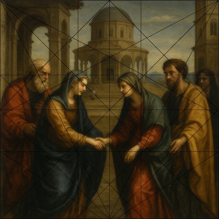 Classical painting with Dynamic Symmetry grid overlay showing alignment of figures with diagonals.