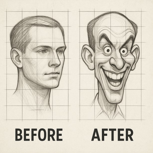 A realistic head and its caricature both aligned to the same proportional grid.