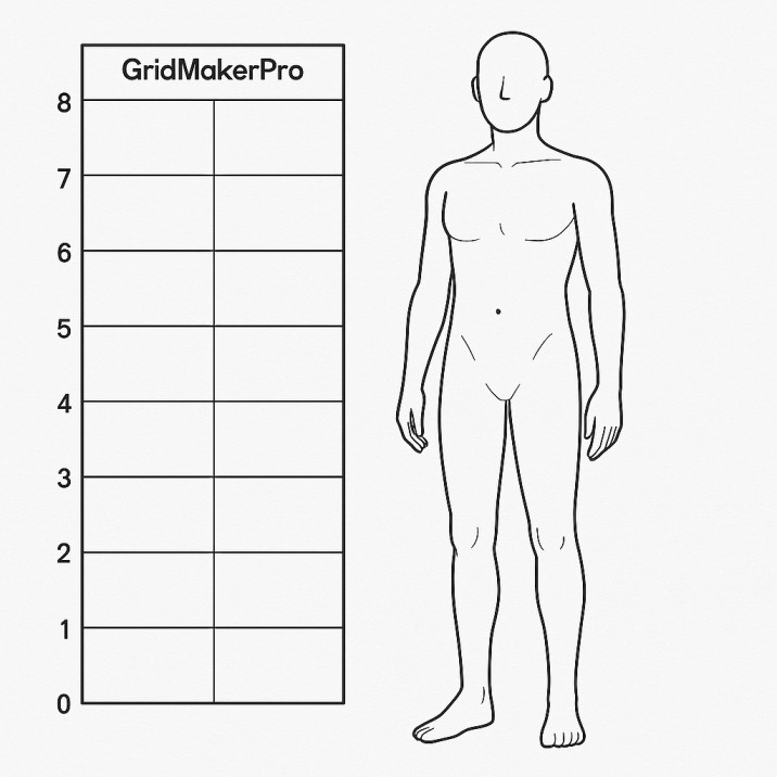 Figure diagram with 7.5–8 head heights next to a grid divided into head units.
