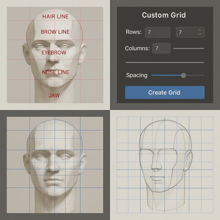 Four steps showing landmarks, grid design, grid overlay, and matching grid on paper