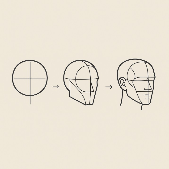 Vector steps showing the Loomis sphere, facial plane, and jaw construction