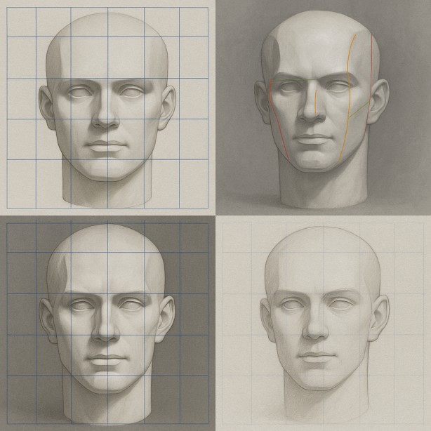 Montage of ideal head grid, analyzed photo, and a student drawing using the same grid.