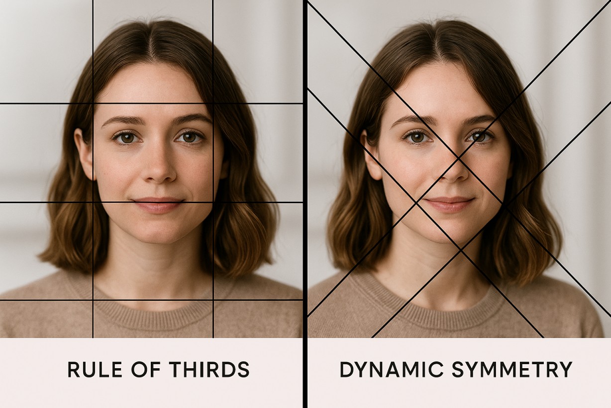Side-by-side comparison of the same portrait using Rule of Thirds grid and Dynamic Symmetry grid