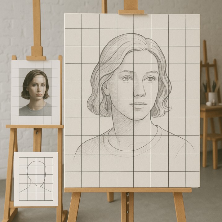 Artist scales a small gridded reference photo into a much larger drawing using the same grid method