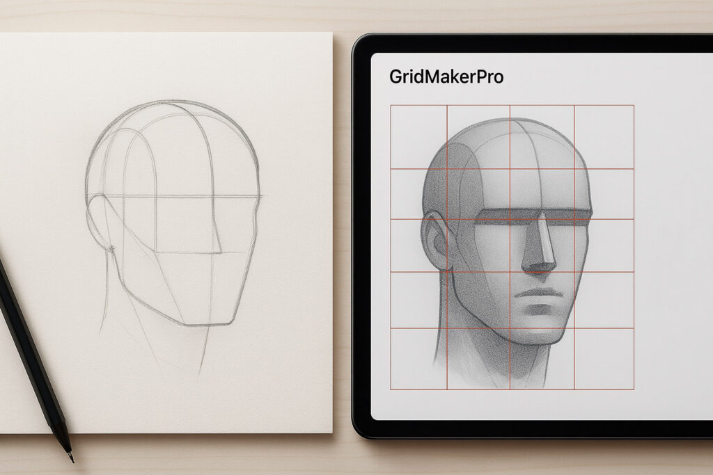 Side-by-side of a Loomis head construction and the same head with a custom grid overlay in GridMakerPro.
